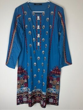 KHAADI Pakistani Kurta Embroidered Blue Tunic size 10